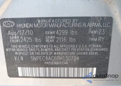 2011 Hyundai Sonata Se from USA, damaged, VIN 5NPEC4AC6BH130724